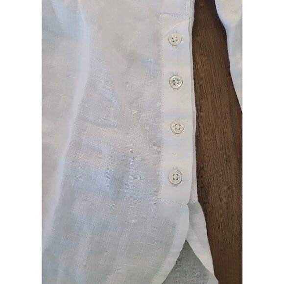 Talbots Women’s 100% Linen Popover Blouse White M Coastal Roll Tab Button Top - Picture 6 of 11